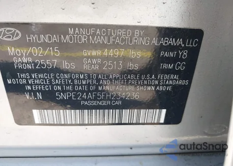 2015 Hyundai Sonata Se из США, поврежденный, VIN 5NPE24AF5FH234236